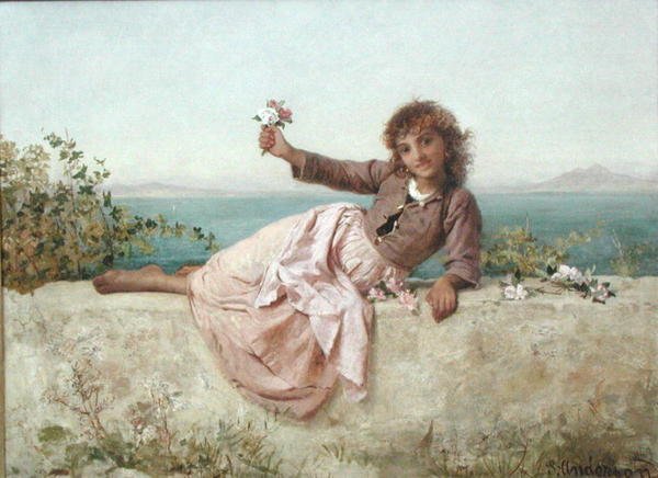 Sprzedawca kwiatów w Capri, Włochy, ok. 1875 (olej na płótnie) autorstwa Sophie Anderson