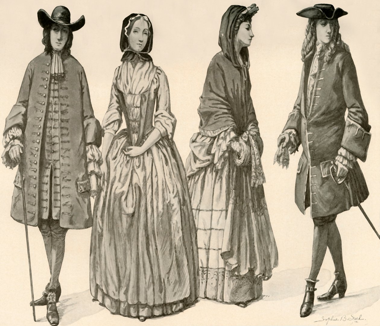 Odzież za panowania Karola II, Jakuba II, Wilhelma i Marii 1682-1700, 1903, 1937. autorstwa Sophie B. Steel