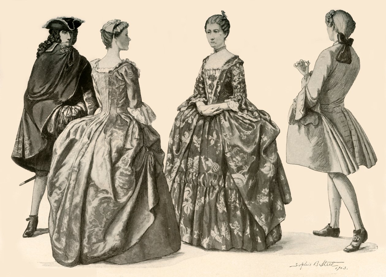 Ubrania za panowania królowej Anny i Jerzego I, 1702-1725, 1903, 1937. autorstwa Sophie B. Steel