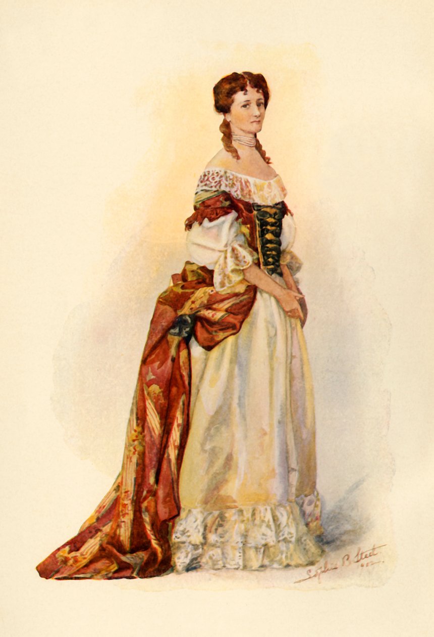 Suknia z czerwonego brokatu noszona w Barbados Colony c1685, 1903, 1937. autorstwa Sophie B. Steel