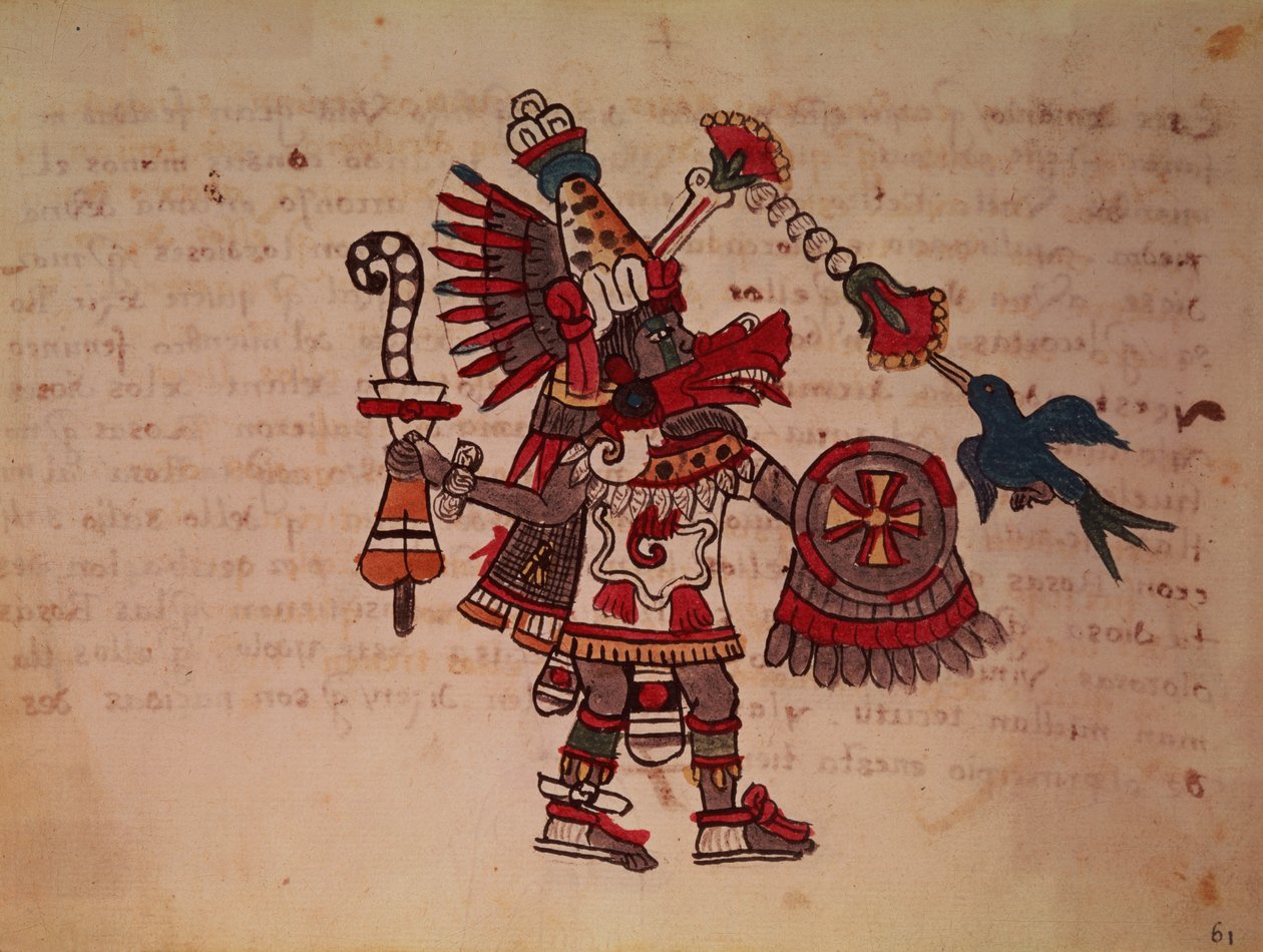Quetzalcoatl, wąż z pióropuszem, bóg wiatru, nauka i kapłaństwo, pan życia, twórca i cywilizator, patron każdej sztuki i wynalazca metalurgii (wellum) autorstwa South American School