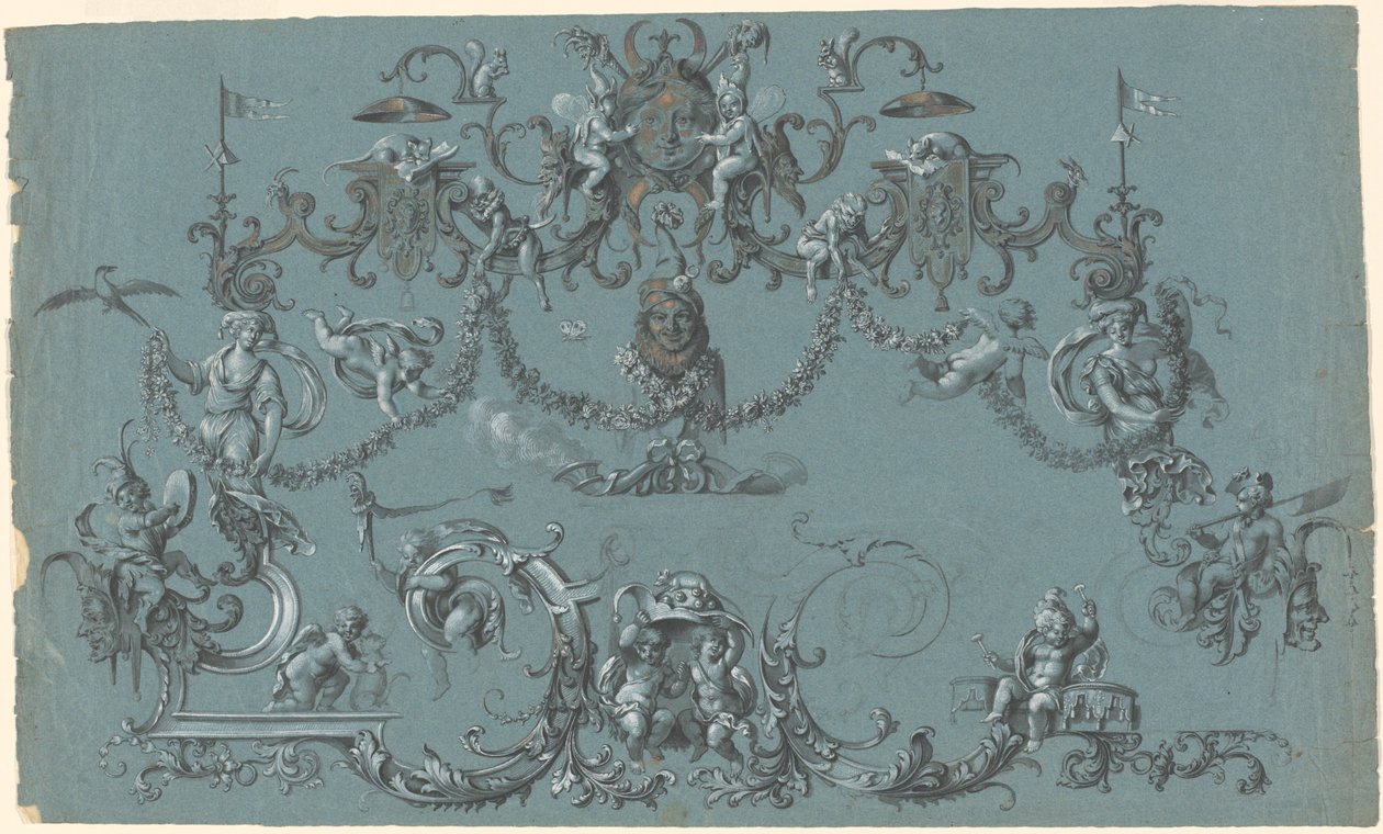 Arabeski z figlarnymi Putti, zwierzętami i błaznami autorstwa South German 18th Century