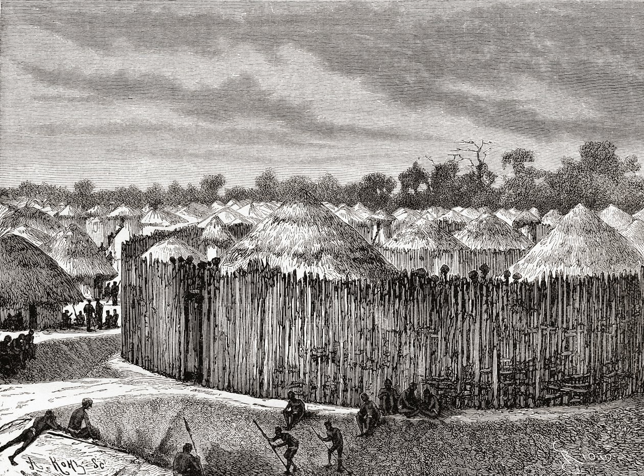 Wioska w Afryce Środkowej w XIX wieku, z "Africa Pintoresca", opublikowanej w 1888 r. autorstwa Spanish School