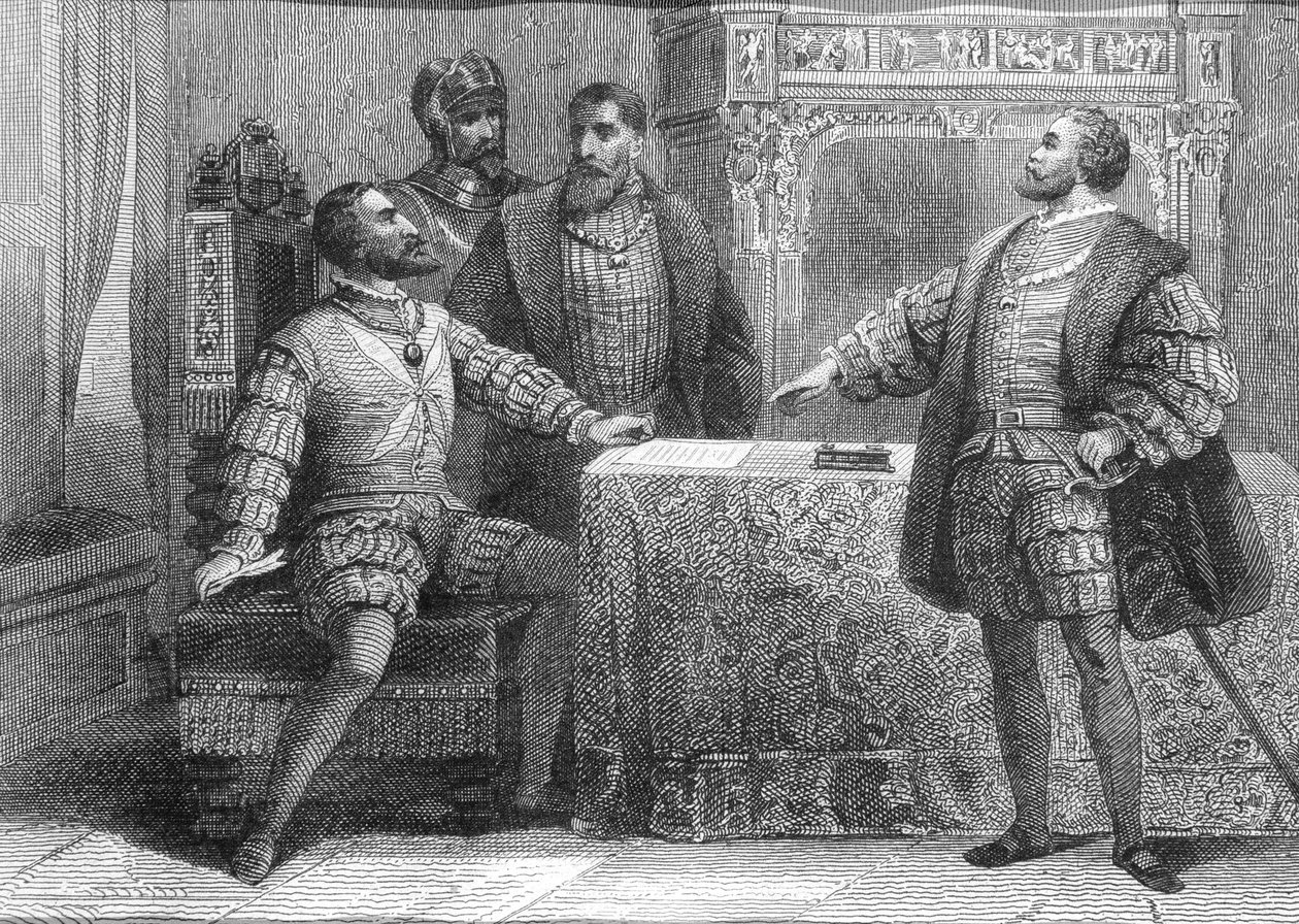 Carlos V z Hiszpanii (1500-58) i Francois I z Francji (1494-1547) podpisujący traktat madrycki, 14 stycznia 1526 autorstwa Spanish School