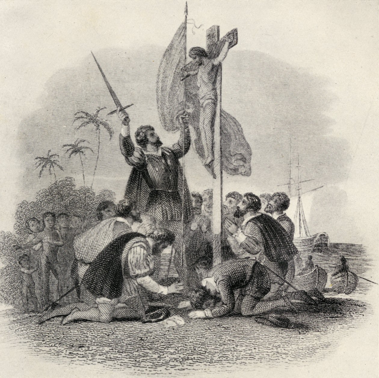 Kolumb (1451-1506) ląduje w Nowym Świecie, ilustracja w „The Quest of The Indias”, wydanej w 1920 r. autorstwa Spanish School