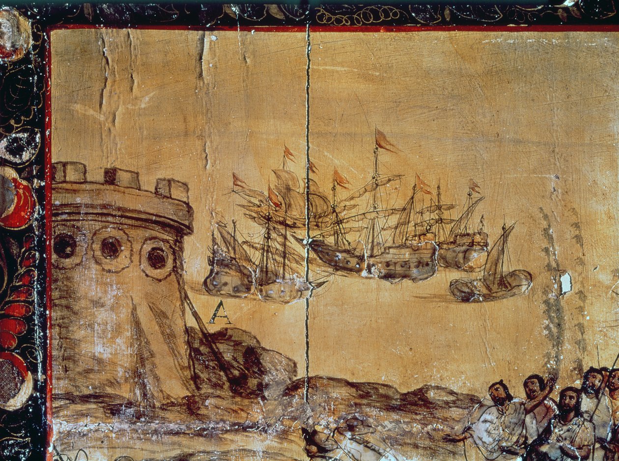 Cortes płynie do Meksyku, 1518 autorstwa Spanish School