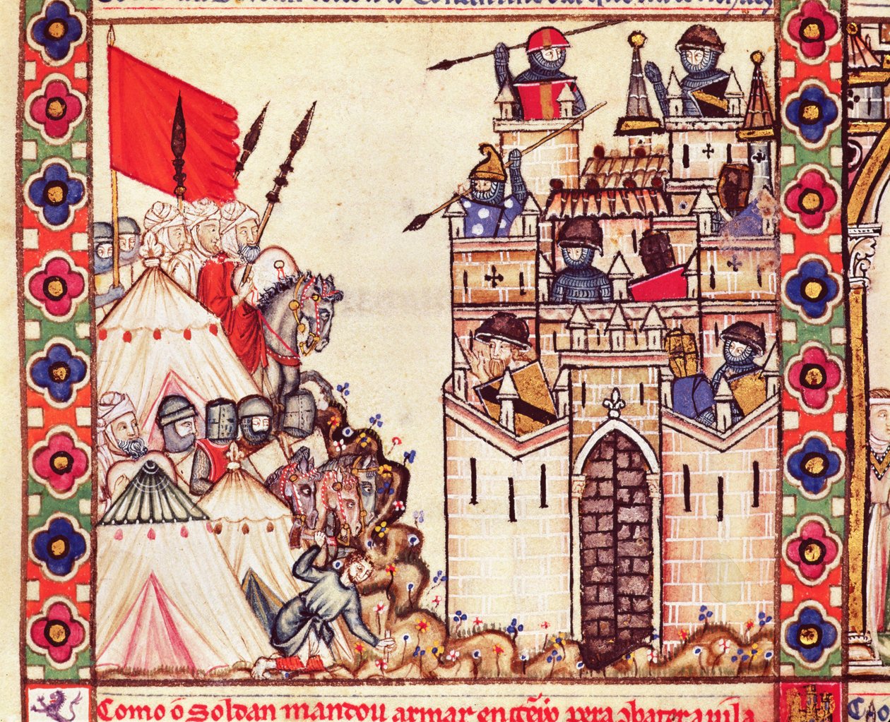 Fragment Cantiga 28 przedstawiający żołnierzy okrążających Konstantynopol, który był w rękach chrześcijan, napisany w języku galackim dla Alfonsa X autorstwa Spanish School