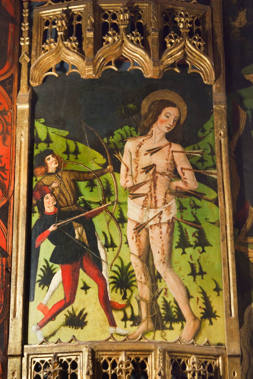 Fragment ołtarza szkoły kastylijskiej przedstawiający św. Sebastiana autorstwa Spanish School
