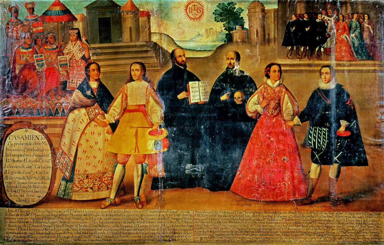 په 1558 میلادي کال کې د دوو انکا میرمنو او دوه اسپانیایانو ترمنځ دوه ځله واده autorstwa Spanish School