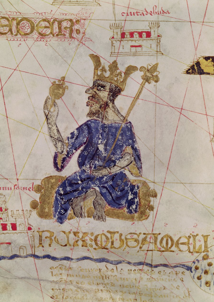 Kankou Mousa, król Mali, z mapy Karola V, Mapa Mecia de Viladestes, portulanii Europy i Afryki Północnej, 1413 autorstwa Spanish School