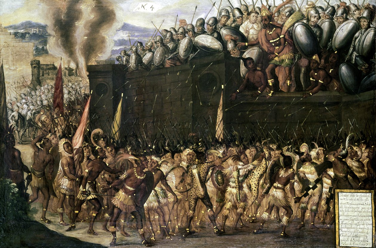 Montezuma (1466-1547), schwytany przez Hiszpanów, błaga Azteków o poddanie się podczas ataku na jego pałac w 1520 roku (panel nr 4) autorstwa Spanish School