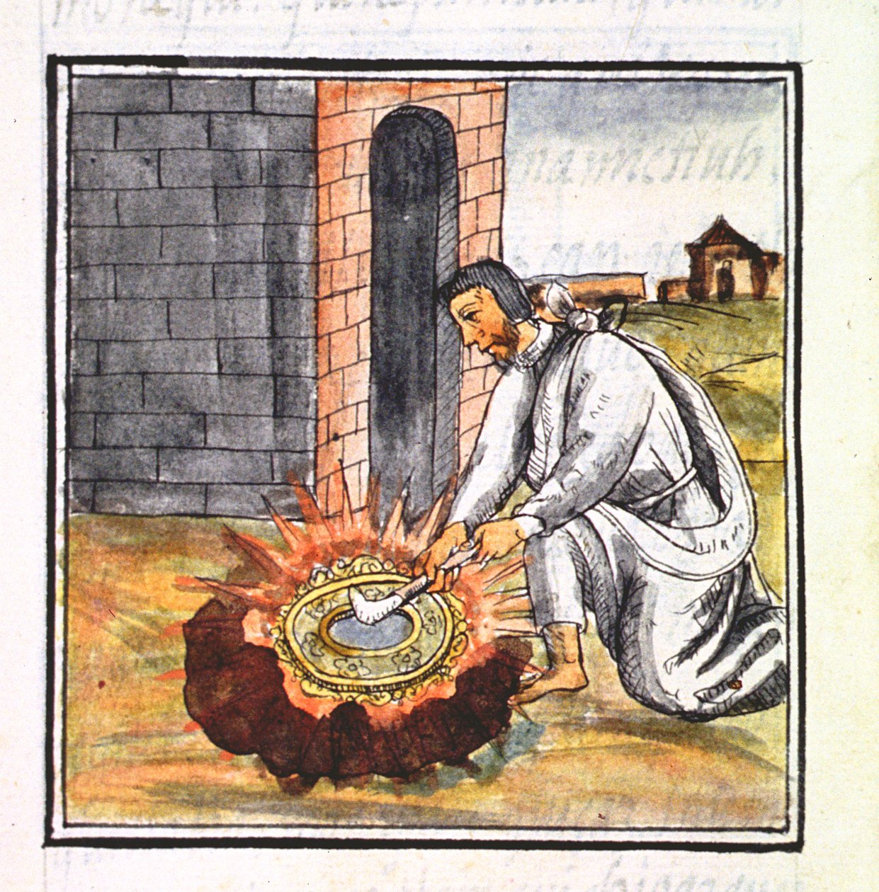 Pani Palat. 218-220 Księga IX Europejczyk zajmujący się tworzeniem relikwiarza z „Kodeksu florenckiego” Bernardino de Sahagun, ok. 1540-85 autorstwa Spanish School