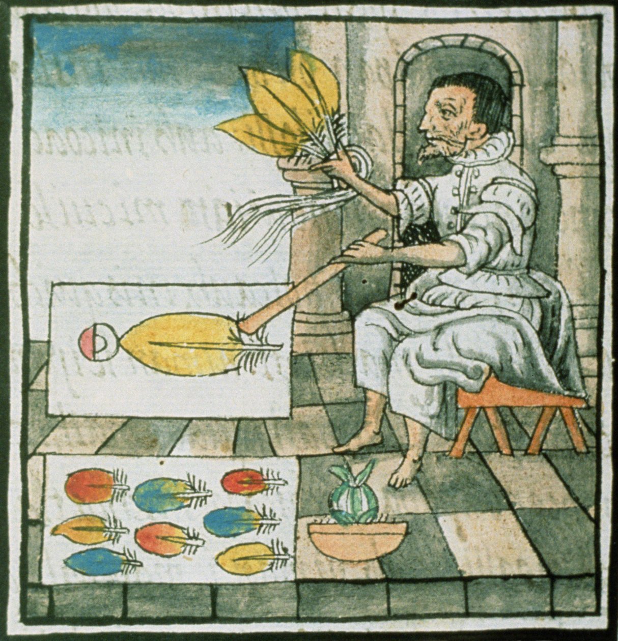 Pani Palat 218-220 Księga IX Aztecki rzemieślnik piór, z „Kodeksu florenckiego” Bernardino de Sahagun, ok. 1540-85 autorstwa Spanish School