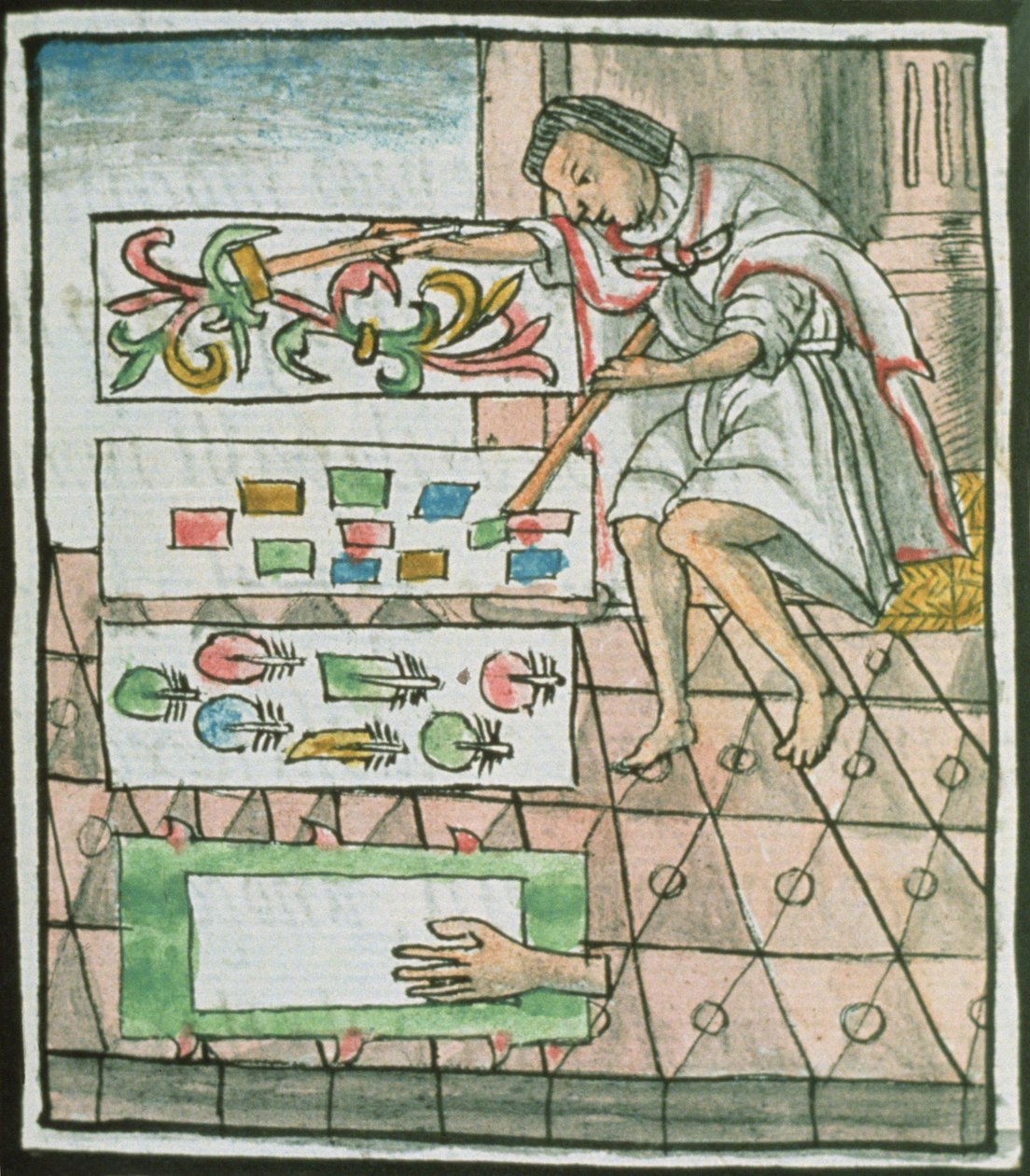 Pani Palat. 218-220 Księga IX Projektowanie i wycinanie wzorów przez azteckich rzemieślników z piór, z „Kodeksu florenckiego” Bernardino de Sahaguna, ok. 1540-85 autorstwa Spanish School