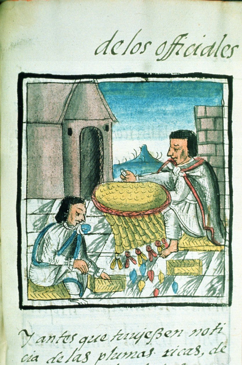 Pani Palat. 218-220 Księga IX Azteccy rzemieślnicy pióra przy pracy, z „Kodeksu florenckiego” Bernardino de Sahagun, ok. 1540-85 autorstwa Spanish School