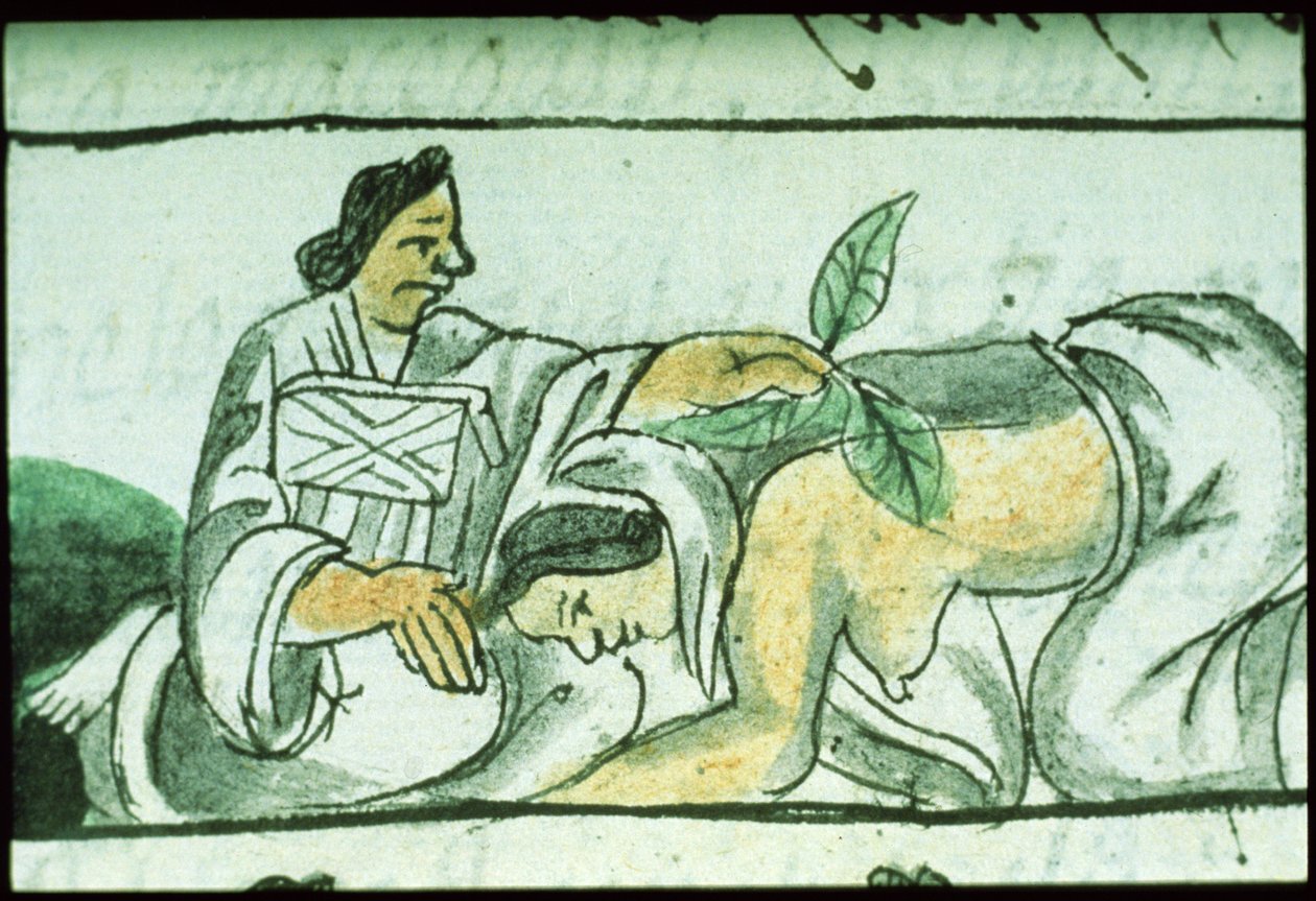 Pani Palat. 218-220 Księga IX Aztecka położna podająca zioła kobiecie po porodzie, z „Kodeksu florenckiego” Bernardino de Sahagun, ok. 1540-85 autorstwa Spanish School