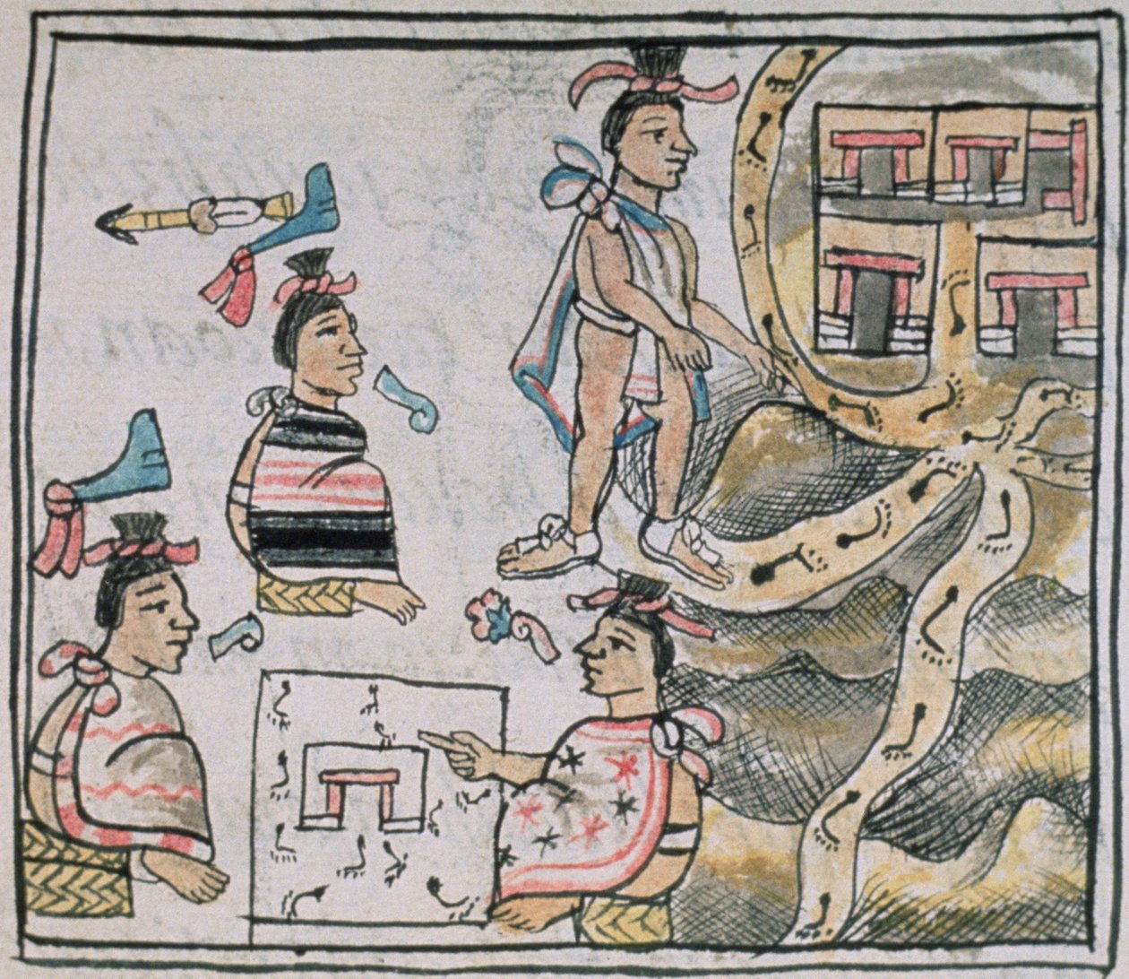 Pani Palat. 218-220 Księga IX Aztekowie konsultujący się i podążający za mapą, z „Kodeksu florenckiego” Bernardino de Sahagun, c.1540-85 autorstwa Spanish School