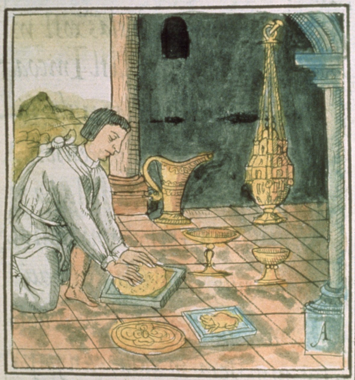 Pani Palat. 218-220 Księga IX Złote przedmioty w sklepie Azteków, z „Kodeksu florenckiego” Bernardino de Sahagun, ok. 1540-85 autorstwa Spanish School