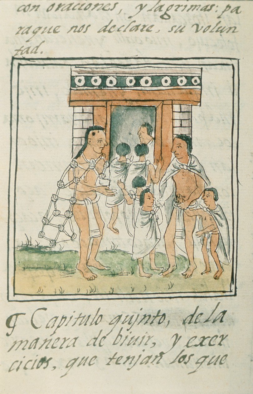 Pani Palat. 218-220 Księga IX Małe dzieci wchodzące do domu, z „Kodeksu florenckiego” Bernardino de Sahagun, ok. 1540-85 autorstwa Spanish School