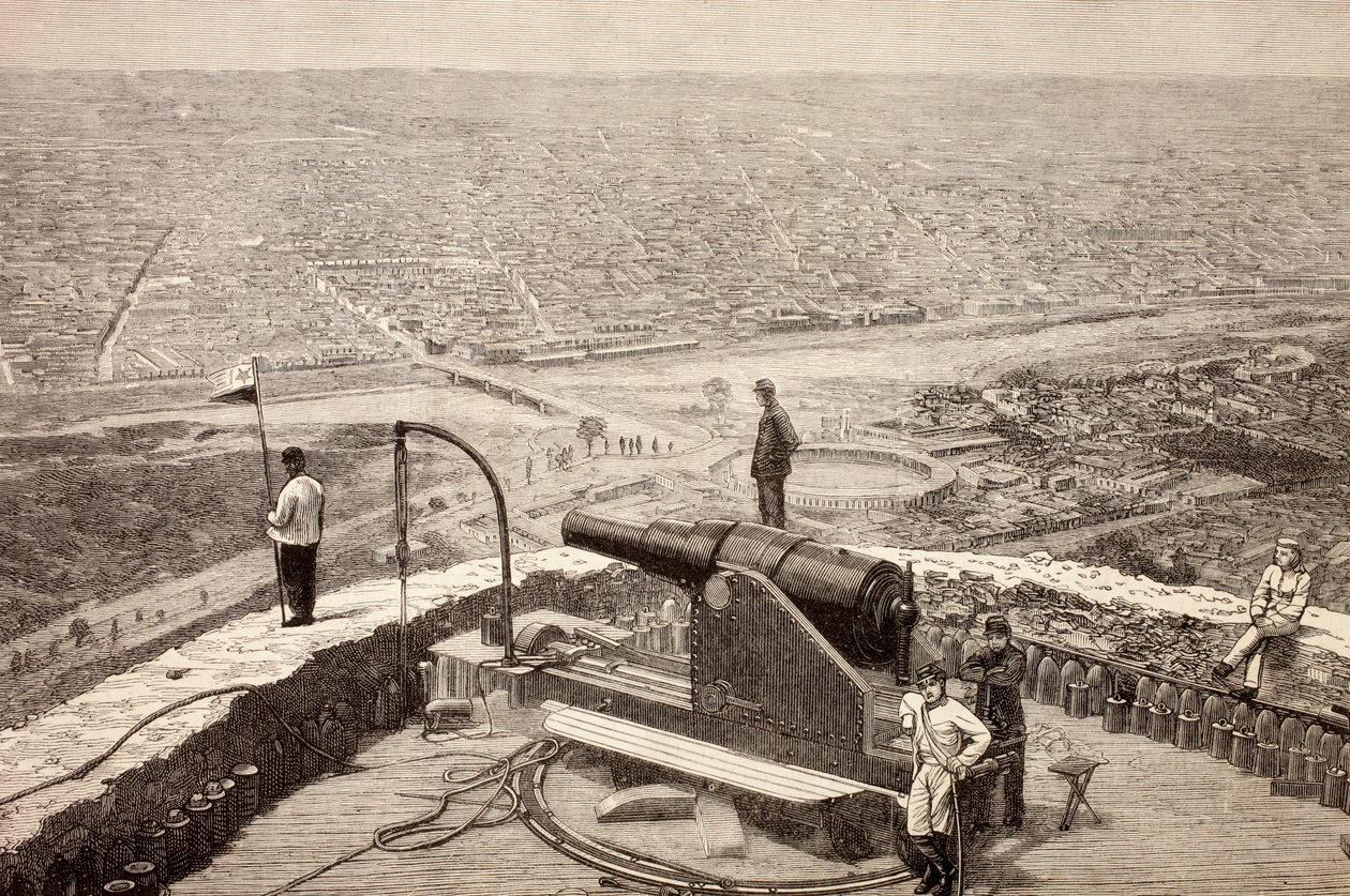 Ogólny widok Limy, Peru, z fortu San Cristobal ok. 1880 r., z „La Ilustracion Espanola y Americana” z 1881 r. autorstwa Spanish School