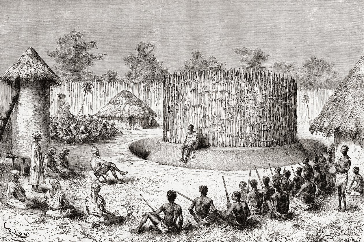 Recepcja dla odkrywcy Pietro Paolo Savorgnana di Brazza w wiosce Chief Mkewe w Tanzanii, z „Afryki Pintoresca”, opublikowana w 1888 r. autorstwa Spanish School