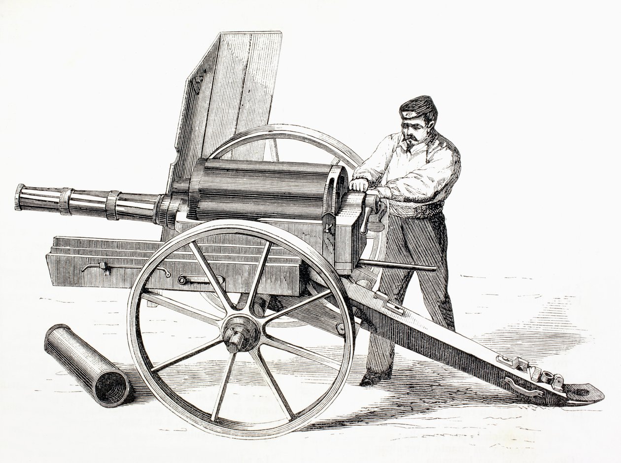 Obrotowa armata opatentowana przez J. A. de Brame w 1861, z „The Universal Museum”, opublikowana w 1862 autorstwa Spanish School