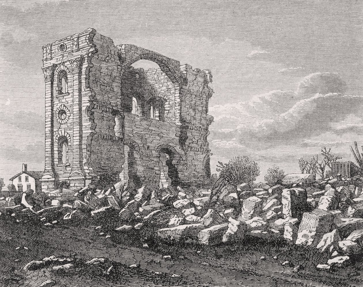 Ruiny Świątyni Mormonów, Nauvoo, Illinois, lata 50-te XIX wieku, z "La Vuelta al Mundo", wydanej w Madrycie, 1865 r. autorstwa Spanish School