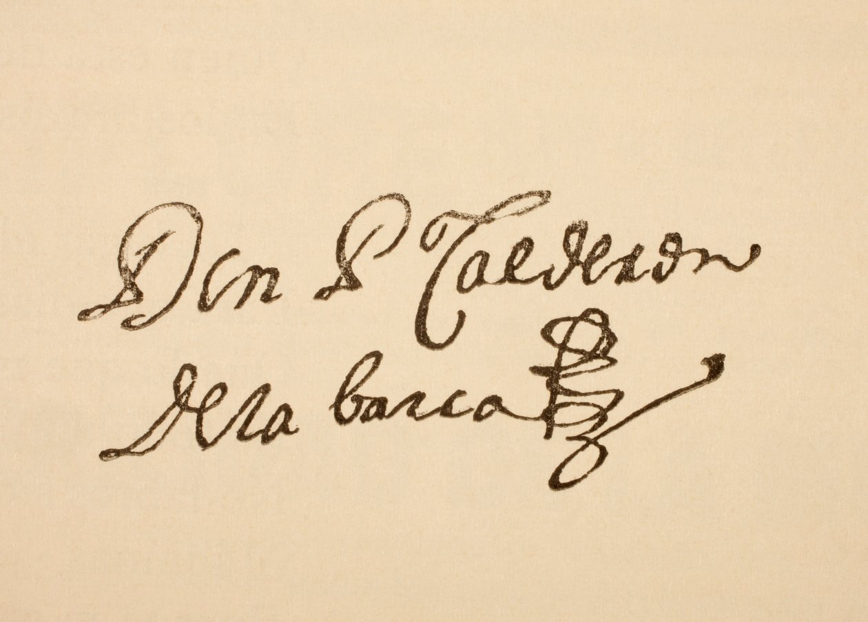 Podpis hiszpańskiego dramaturga Pedro Calderona de la Barca, z „La Ilustracion Espanola y Americana” z 1881 r. autorstwa Spanish School