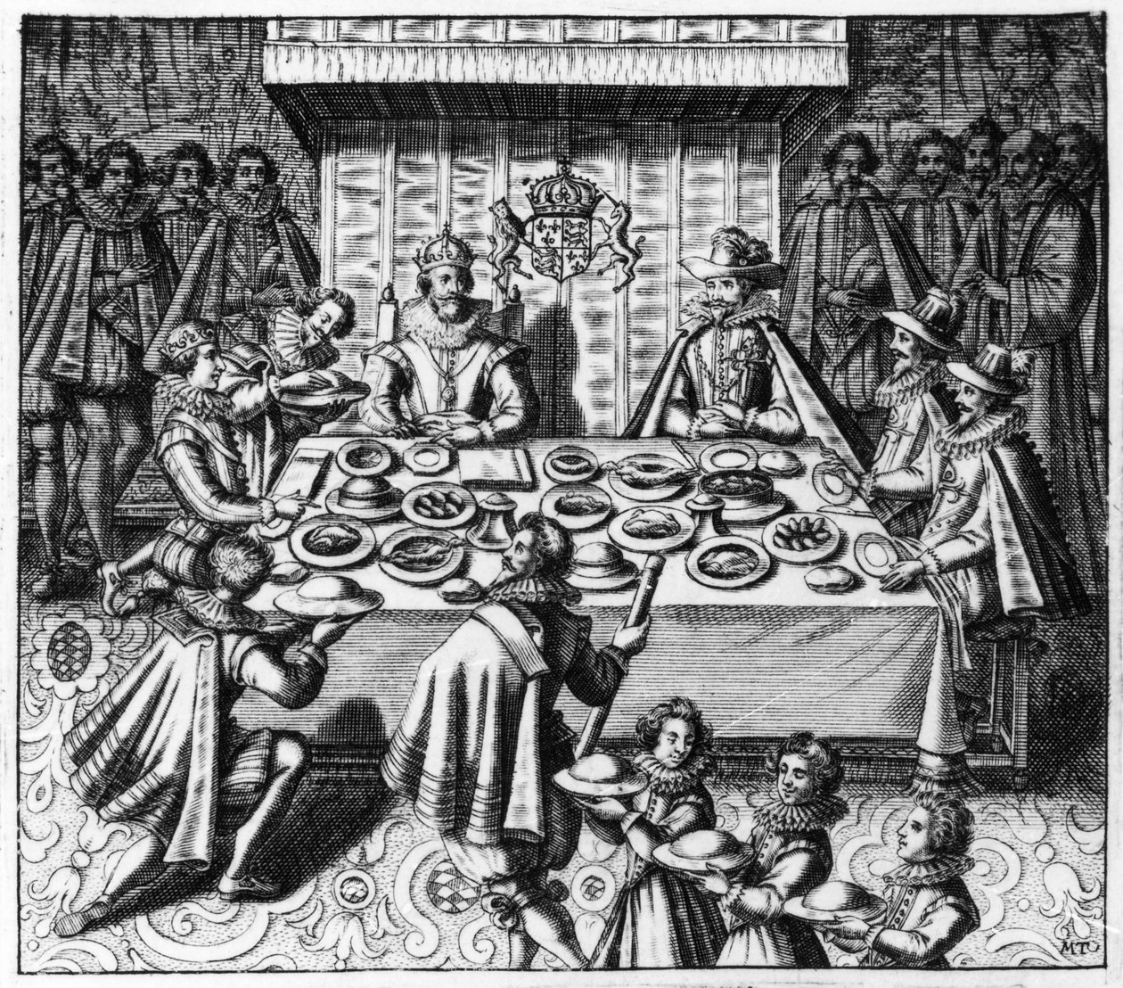 Ambasador hiszpański spożywa posiłek z królem angielskim Jakubem I, ok. 1620-25 autorstwa Spanish School