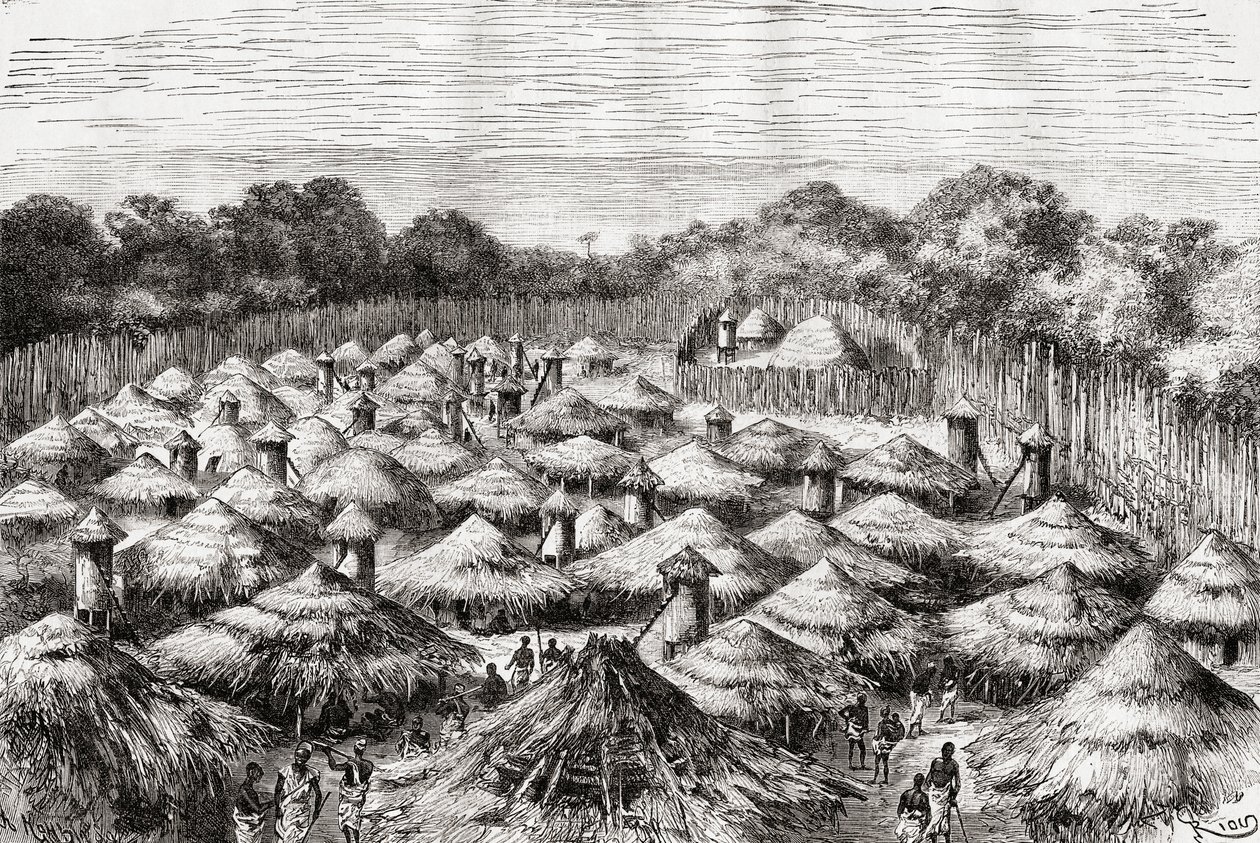Wioska Kiwana, Tanzania, jak wyglądała pod koniec XIX wieku, z "Africa Pintoresca", opublikowanej w 1888 r. autorstwa Spanish School