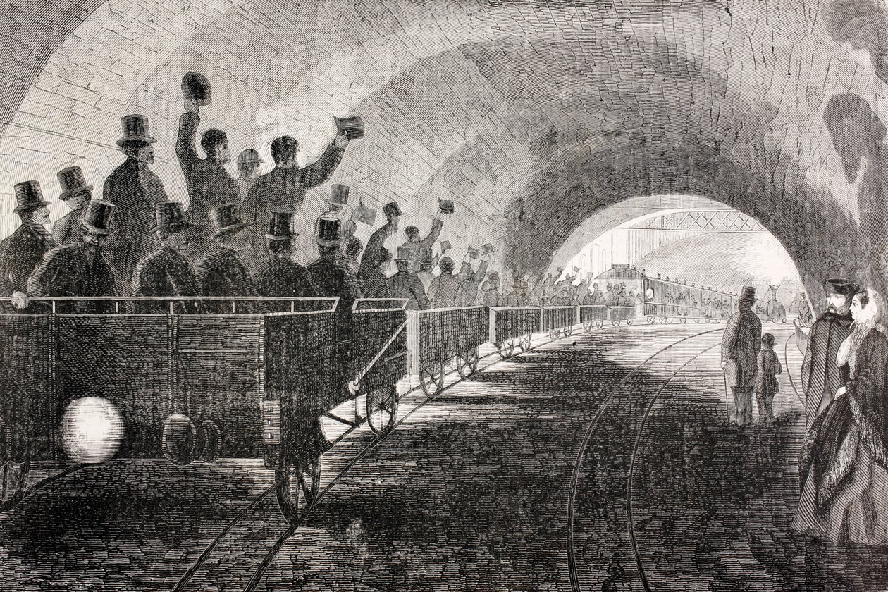 Próbny przejazd pociągu w londyńskim metrze w 1862 r., z "The Universal Museum", opublikowanego w 1862 r. autorstwa Spanish School