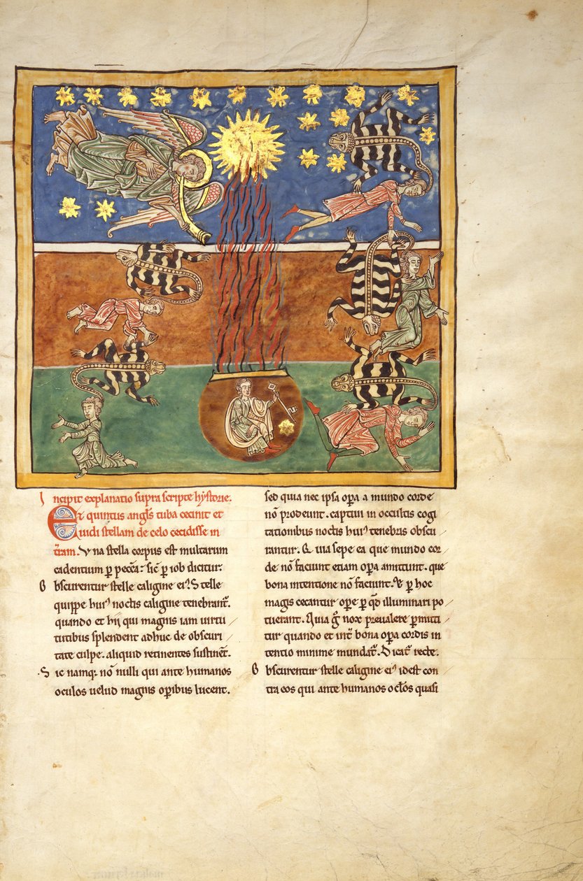 Karta z Rękopisu Beatusa, ok. 1180 (tempera, złoto i atrament na pergaminie) autorstwa Spanish School Spanish School