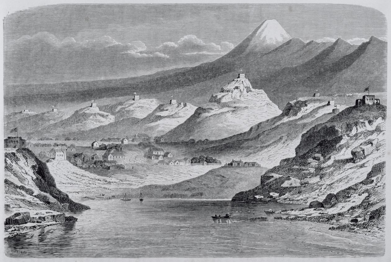Widok na New Plymouth i Mount Egmont, ilustracja z filmu Powrót do świata, 1865 autorstwa Spanish School