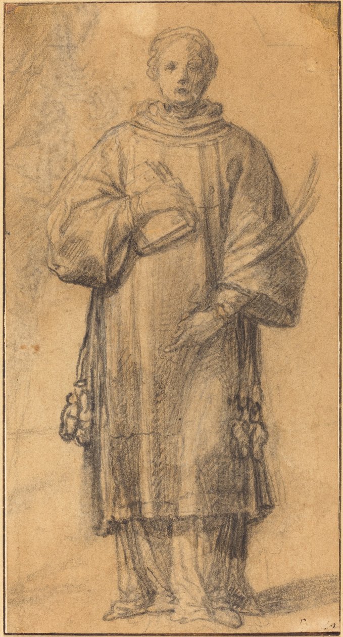 Stojący święty trzymający książkę i liść palmy autorstwa Spanish 17th Century
