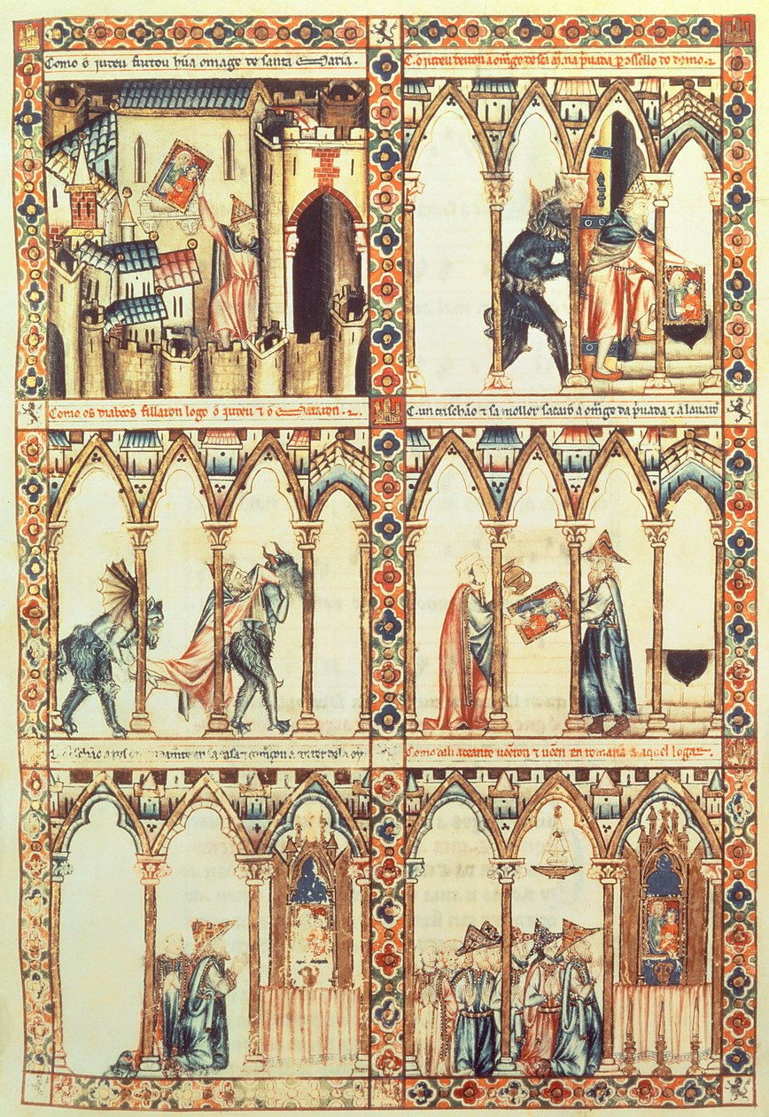 102-0002738 T.I.I. Cantiga 34, ilustracja z „Cantigas de Santa Maria”, wykonana pod kierunkiem Alfonsa X („Mądrego”) króla Kastylii i Leona (1221-84) (welum) (patrz także 68647) autorstwa Spanish School