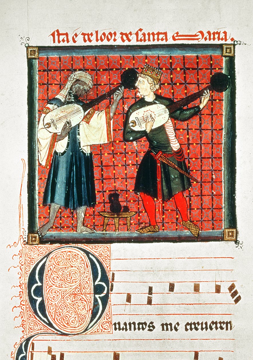 124-0633321/1 Maur i chrześcijanin grający na lutni, miniatura w księdze nutowej z „Cantigas” Alfonsa X „Mądrego” (1221-84) (welum) autorstwa Spanish School