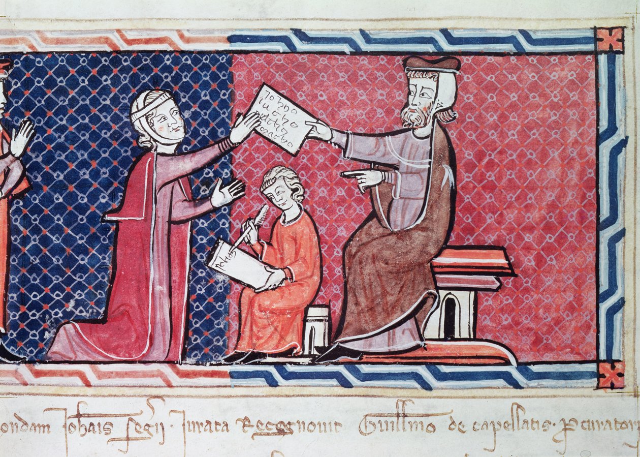Kobieta składająca przysięgę przed królem Majorki Jakubem I (1207-76), detal przedstawiający sędziego, kobietę i skrybę, z Capbreu de Clayra et de Millas, 1292 (detal z 181839) autorstwa Spanish School