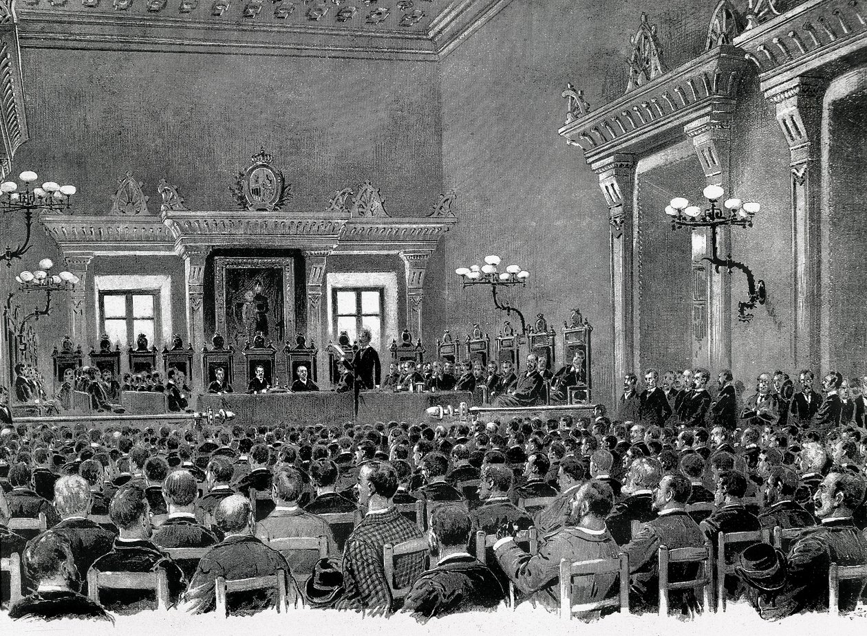 Spotkanie katalońskich nacjonalistów zebranych w ratuszu w Manresie w celu opracowania 16 baz służących katalońskiej konstytucji regionalnej w 1892 roku. Rysunek Jaume Pahissa. autorstwa Spanish School