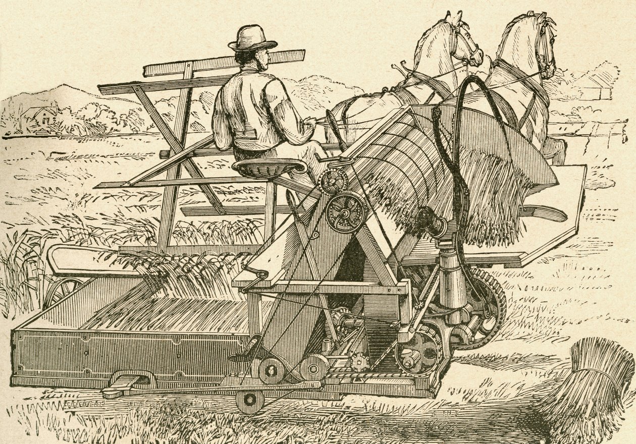 Maszyna żniwna ciągnięta przez konie, która mechanicznie wiązała snopy zboża, używana pod koniec XIX wieku. Z El Museo Popular opublikowany Madryt autorstwa Spanish School