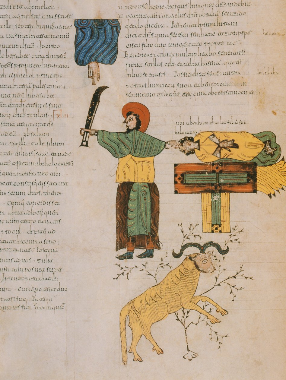 Abraham zamierza złożyć w ofierze swojego syna, Izaaka, z Wizygotycko-Mozarabskiej Biblii św. Izydora, n.e. 960 (tempera na pergaminie) autorstwa Spanish School