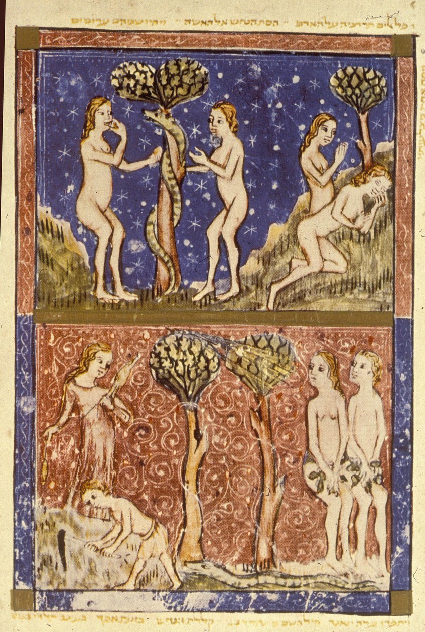 Adam i Ewa, ilustracja z Hagady Sarajewskiej autorstwa Spanish School
