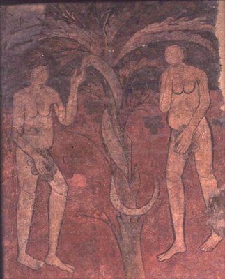 Adam i Ewa, pochodzenie grzechu, Mural z łuku triumfalnego w absydzie nawy głównej, Sta. Maria de Barbera (fresk) autorstwa Spanish School