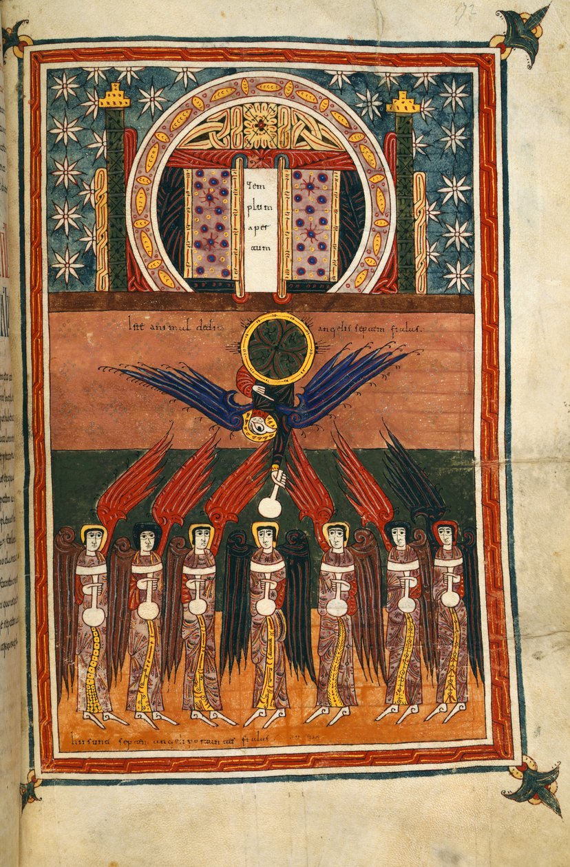 Dodać. 11695, f.172 Z sanktuarium wychodzi siedmiu aniołów plagi niosących fiolki. Z apokalipsy silosów autorstwa Spanish School