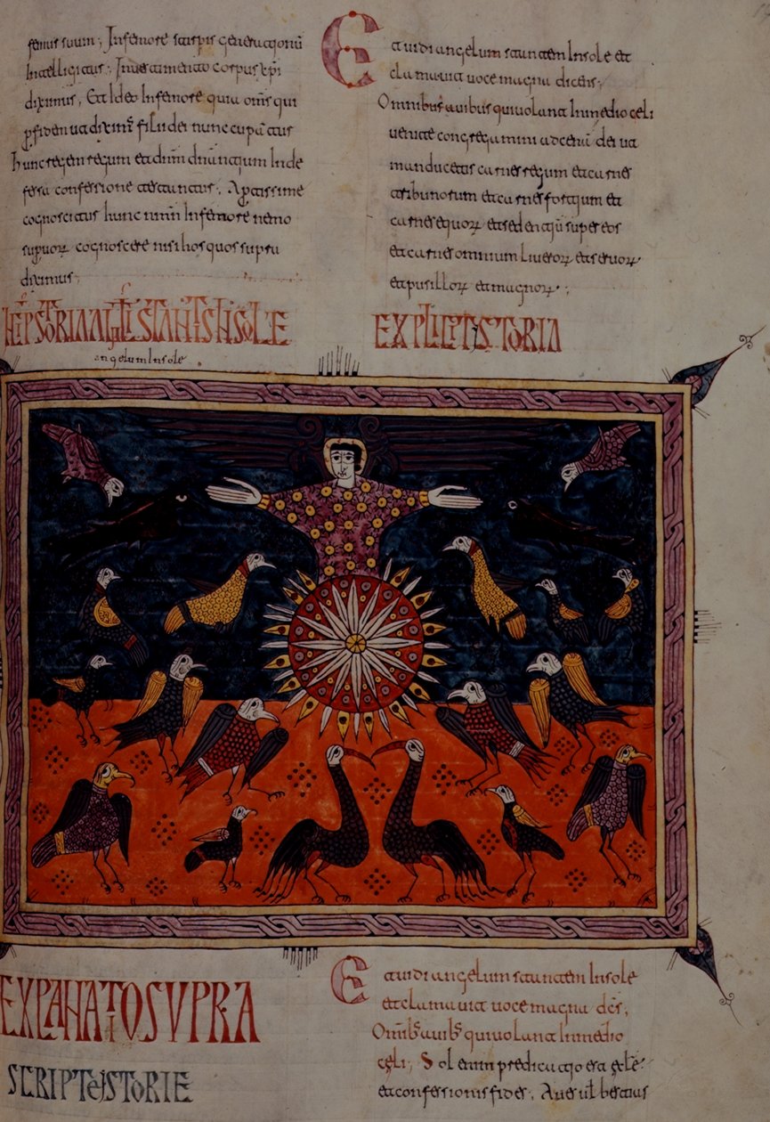 Dodaj 11695 fol.197 Anioł stojący w słońcu z Apokalipsy Beatus z Santo Domingo de Silos autorstwa Spanish School