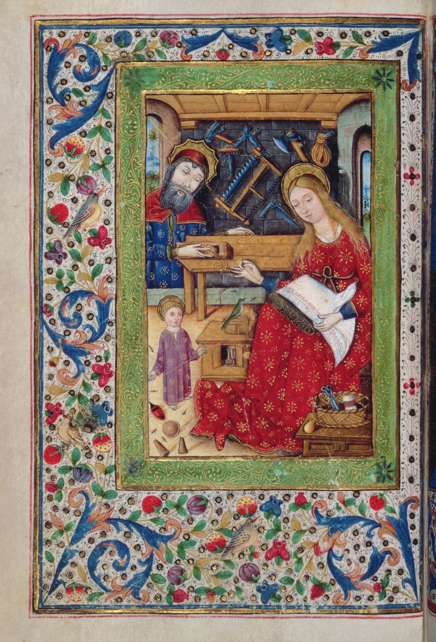 Dodaj 18193 f.48v Święta Rodzina w stolarni Józefa, łac. z hiszpańskimi rubrykami, z „Księgi godzin” (atrament, kolor i złoto na welinie) autorstwa Spanish School