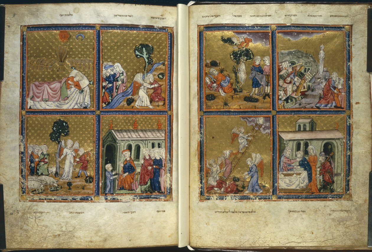 Dodać. 27210, f.4v-5 Sceny z Genesis, ze „Złotej Hagady” (tusz, kolor i złoto na welinie) autorstwa Spanish School