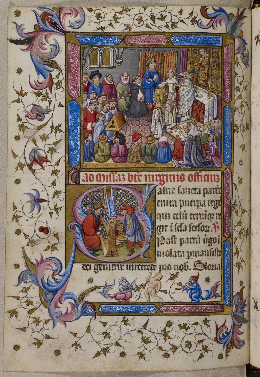 Dodać. 28962, f.281v, Alfons V uczestniczy we Mszy, z Psałterza i Godzin Alfonsa V Aragońskiego. ok. 1442 (welum) autorstwa Spanish School