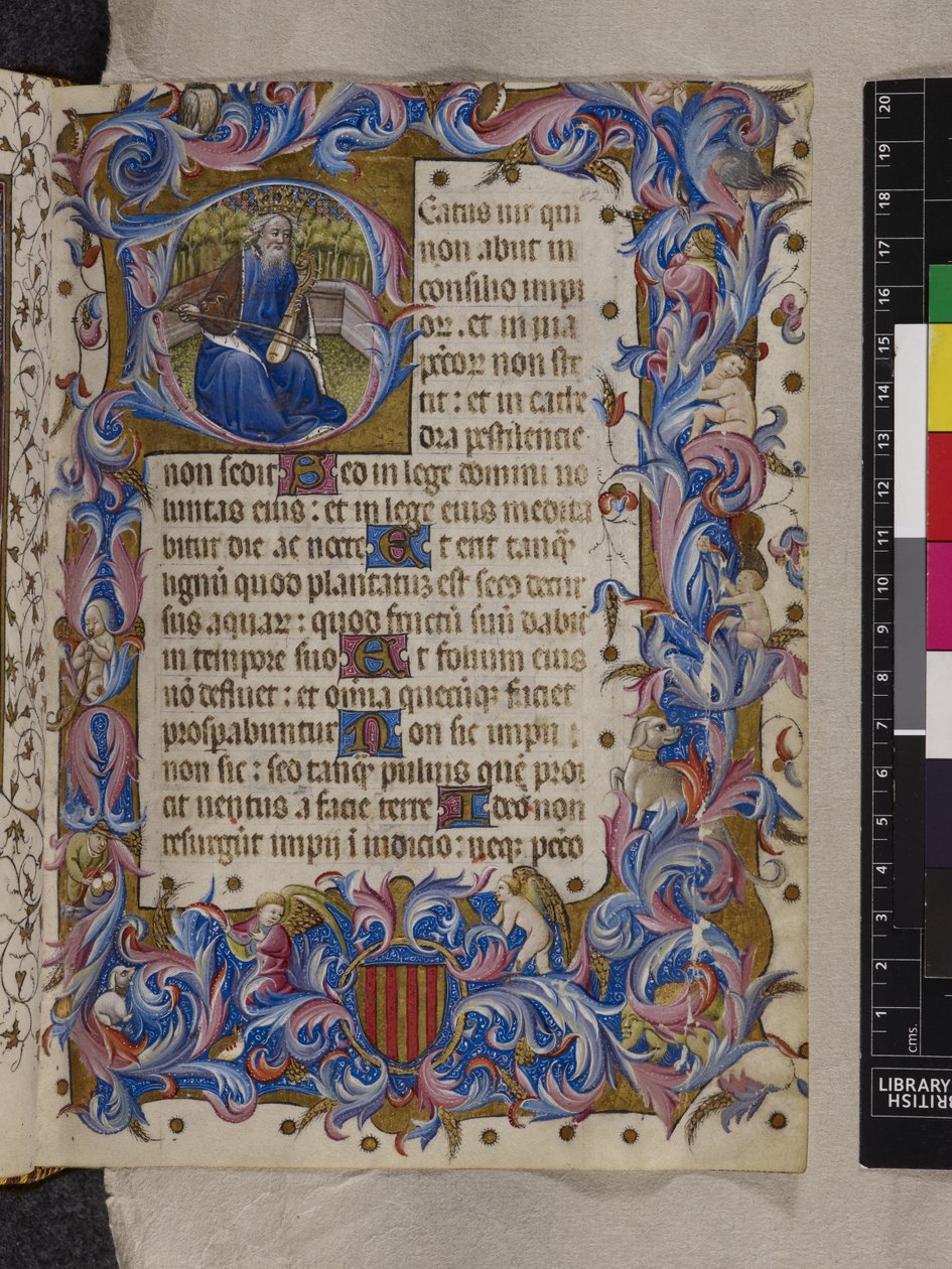 Dodaj MS 28962 f.82r Inicjał „B” przedstawiający króla Dawida, Psalm I, z „Psałterza i Godzin, użycie dominikańskie” lub „Książka modlitewna Alfonsa V z Aragonii”, c.1436-43 (tusz, kolor i złoto na welinie ) autorstwa Spanish School