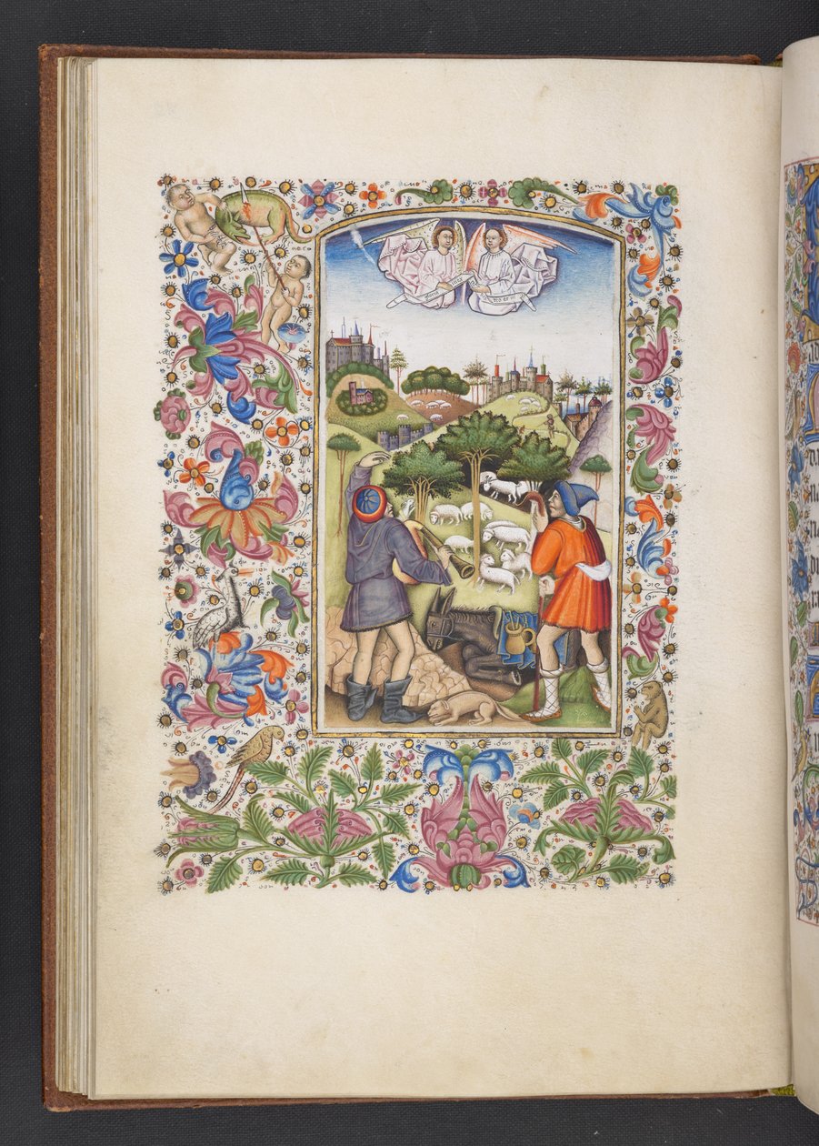 Dodaj MS 50004 f.32v Zwiastowanie pasterzom z „Księgi godzin” (atrament, kolor i złoto na welinie) autorstwa Spanish School
