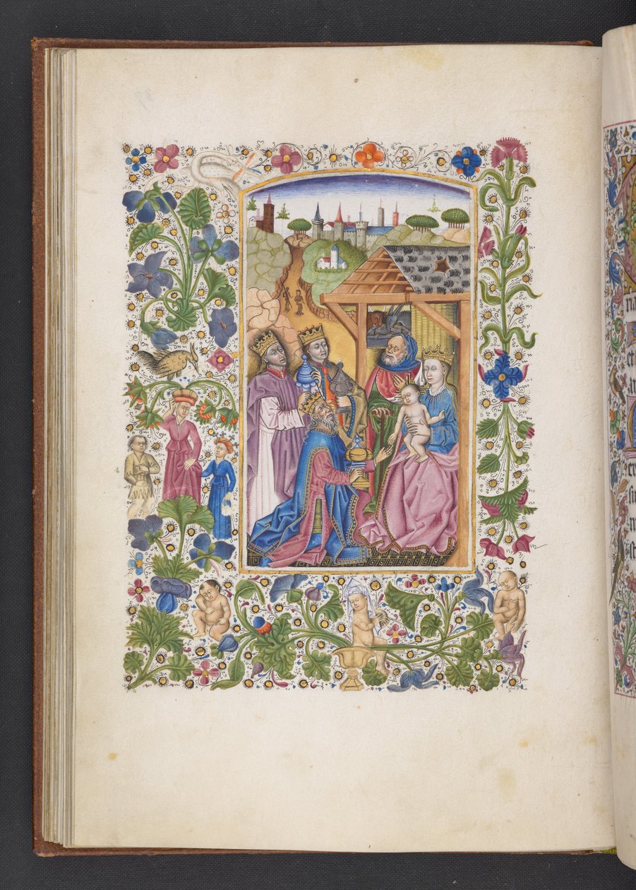 Dodaj MS 50004 f.37v Adoracja Trzech Króli, z „Księgi Godzin” (tusz, kolor i złoto na welinie) autorstwa Spanish School